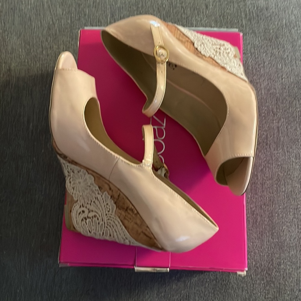 SHOEDAZZLE - Lucie - Blush Pink - cork wedge with lace overlay